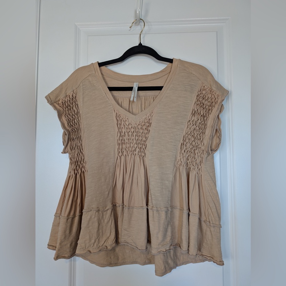 Anthropologie Smocked Swing Tee V Neck Pullover Cap Sleeves Light Sand Size XS
